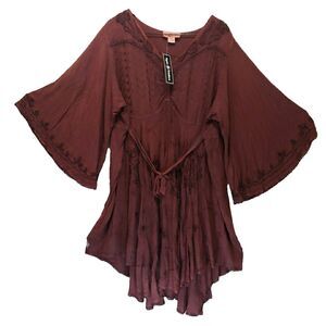NWT Agan Traders 3X Burgundy Boho Embroidered Dress Bell Sleeve Hi-Low Hem